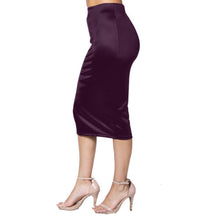 Load image into Gallery viewer, Womens Midi Pencil Skirt Stretch Satin NEW Size 8-18 Black Damson Silver Bodycon - Angelsandsinners