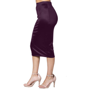 Womens Midi Pencil Skirt Stretch Satin NEW Size 8-18 Black Damson Silver Bodycon - Angelsandsinners