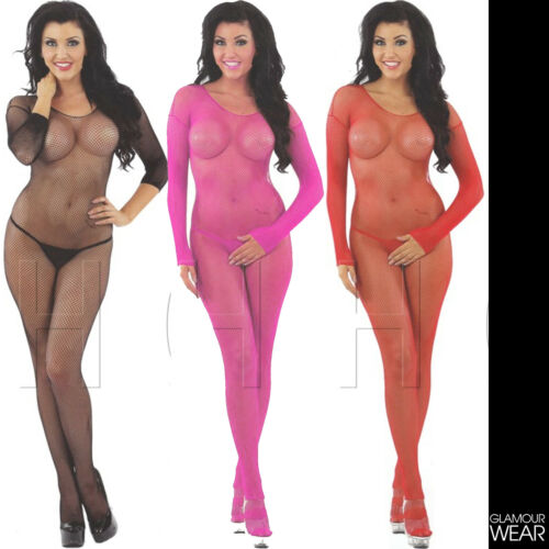 SEXY LONG SLEEVED FISHNET BODYSTOCKING lingerie crotchless bodysuit UK STOCK - Angelsandsinners