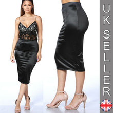 Load image into Gallery viewer, Womens Midi Pencil Skirt Stretch Satin NEW Size 8-18 Black Damson Silver Bodycon - Angelsandsinners