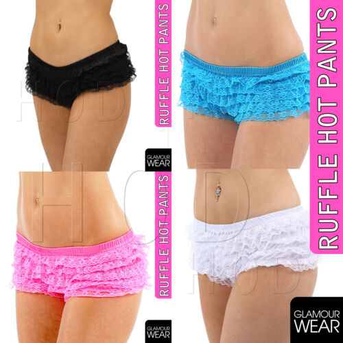 SEXY RUFFLE HOT PANTS FRILLY LACE HOTPANTS RUMBA BLACK PINK WHITE UK 8 10 12 14 - Angelsandsinners