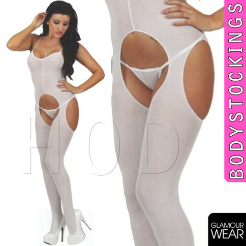 SEXY WHITE OPAQUE SUSPENDER BODYSTOCKING lingerie floral crotchless bodysuit - Angelsandsinners
