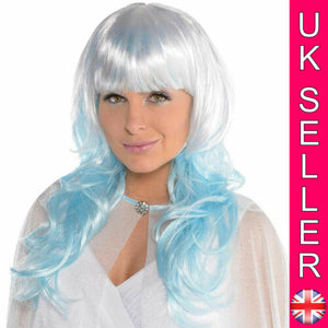 Ice Fairy Platinum Shimmer Wig Blue Queen Mermaid Dip Dye Ombre Fancy Dress Hair - Angelsandsinners
