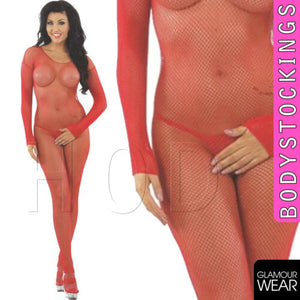 SEXY LONG SLEEVED FISHNET BODYSTOCKING lingerie crotchless bodysuit UK STOCK - Angelsandsinners