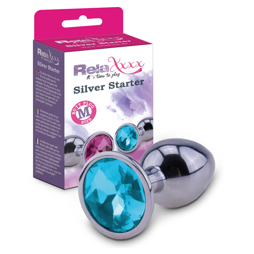 RelaXxxx Silver Starter Butt Plug Blue Medium - Angelsandsinners