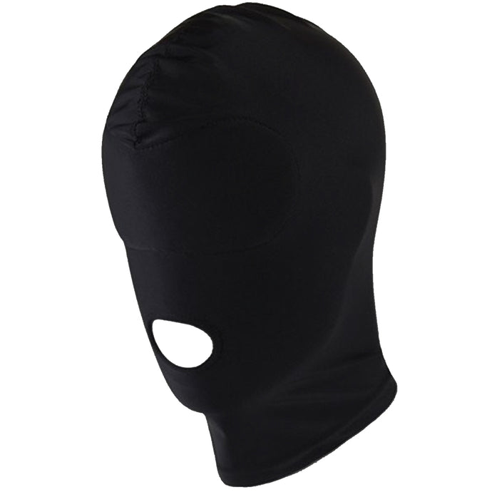 BLACK PADDED SPANDEX FULL HOOD MASK OPEN MOUTH STRETCHY BLINDFOLD GIMP COSTUME